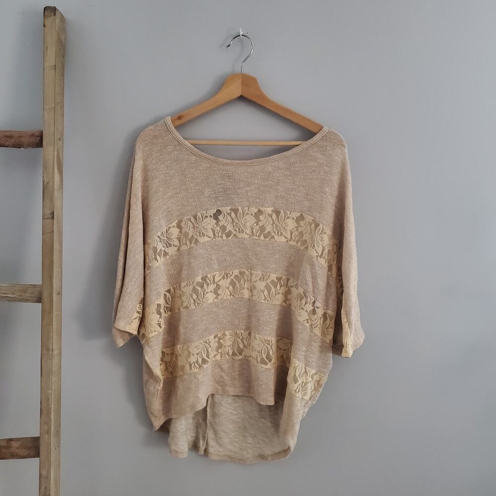 Moon Collection Batwing Short Sleeve Lace Panel Lightweight Sweater Top Size XL